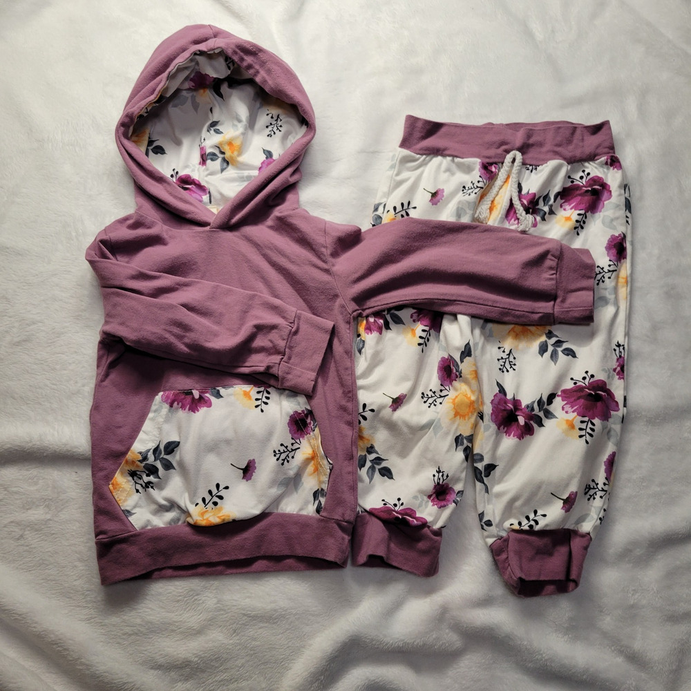Sweater Pants Baby Girls 2T Toddler Hoodie Floral Purple Fall 2PC